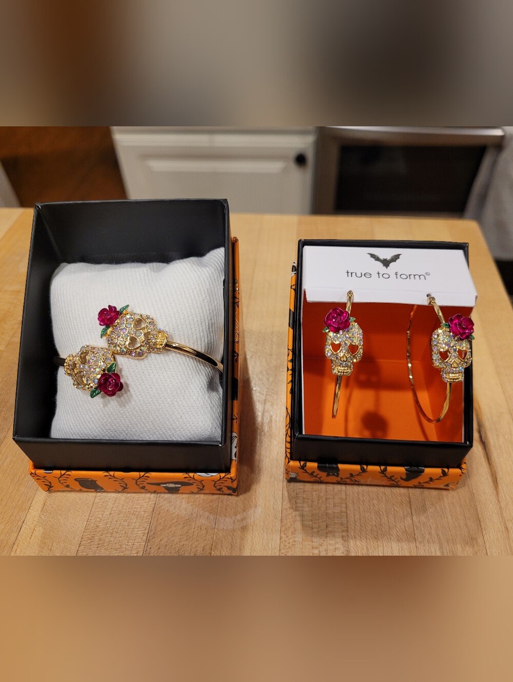 NEW True To Form Gold-Tone Skull Bracelet & Hoop Earrings with Pink Rose Accents